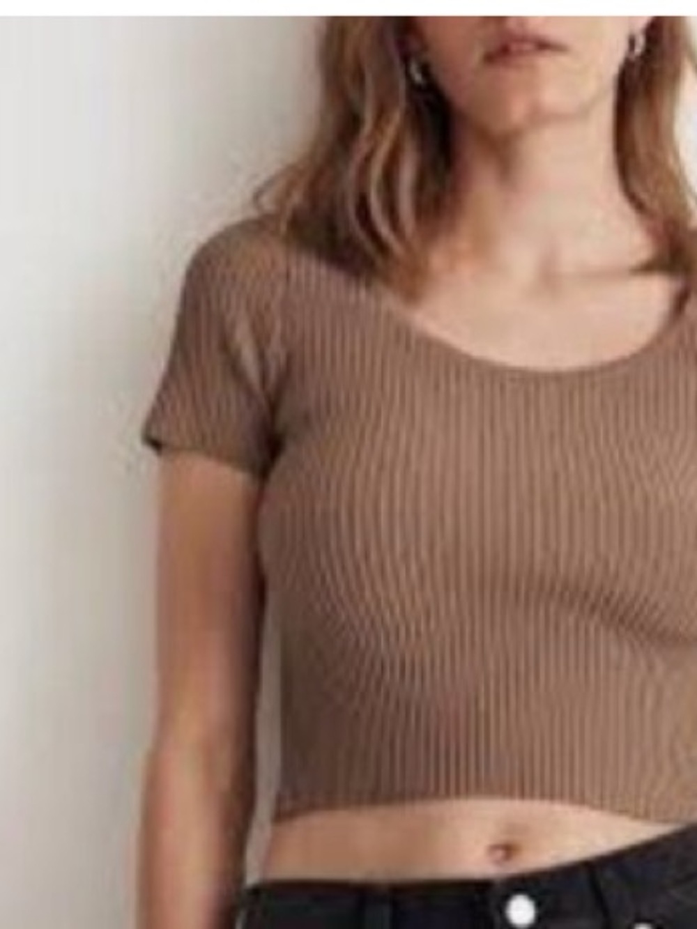 Madewell Ottoman Crop Sweater Tee. Ribbed Scoop Neck Short Sleeve Top - Brown. L
